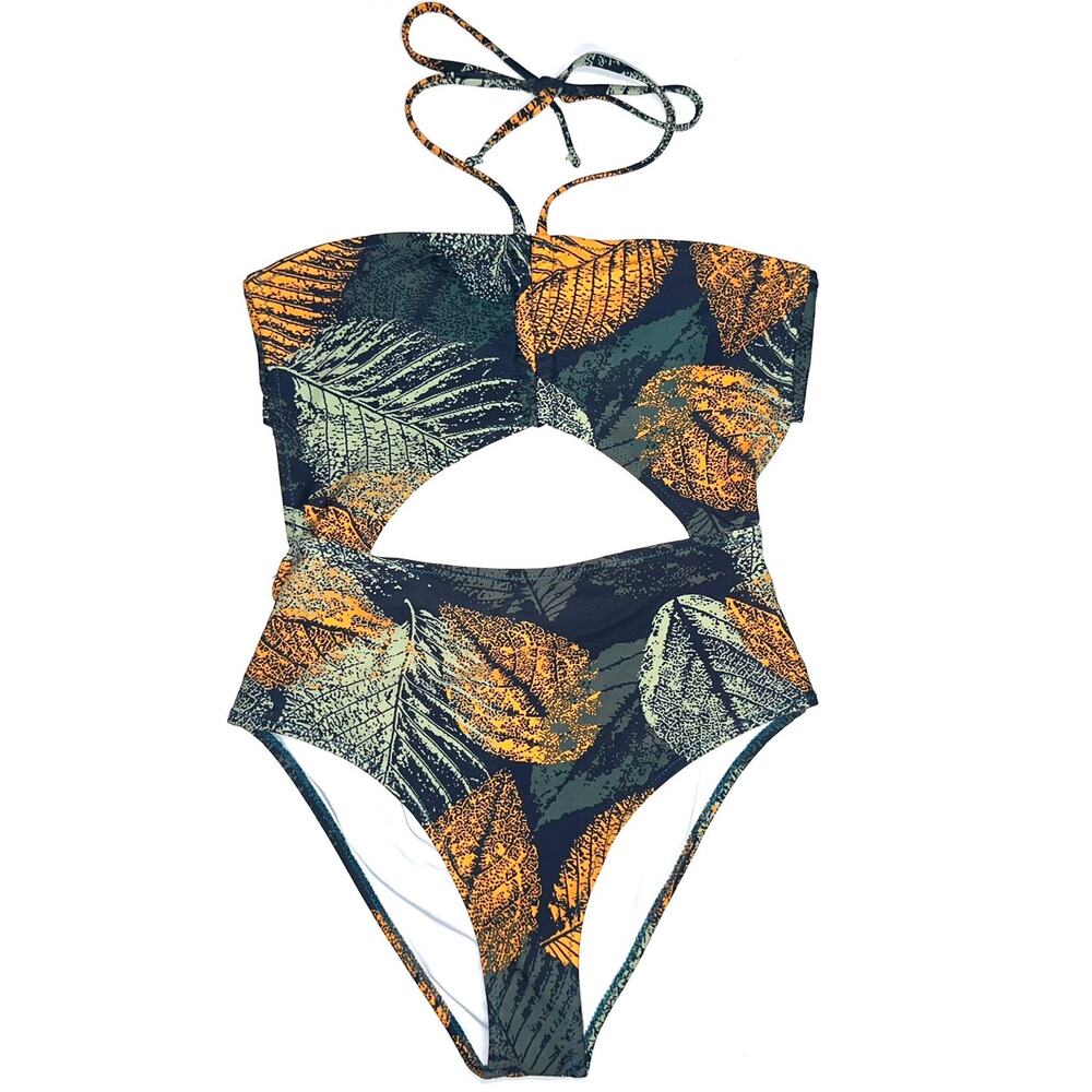 Cupshe Green and Gold Leaf Print Cutout One-Piece Swimsuit